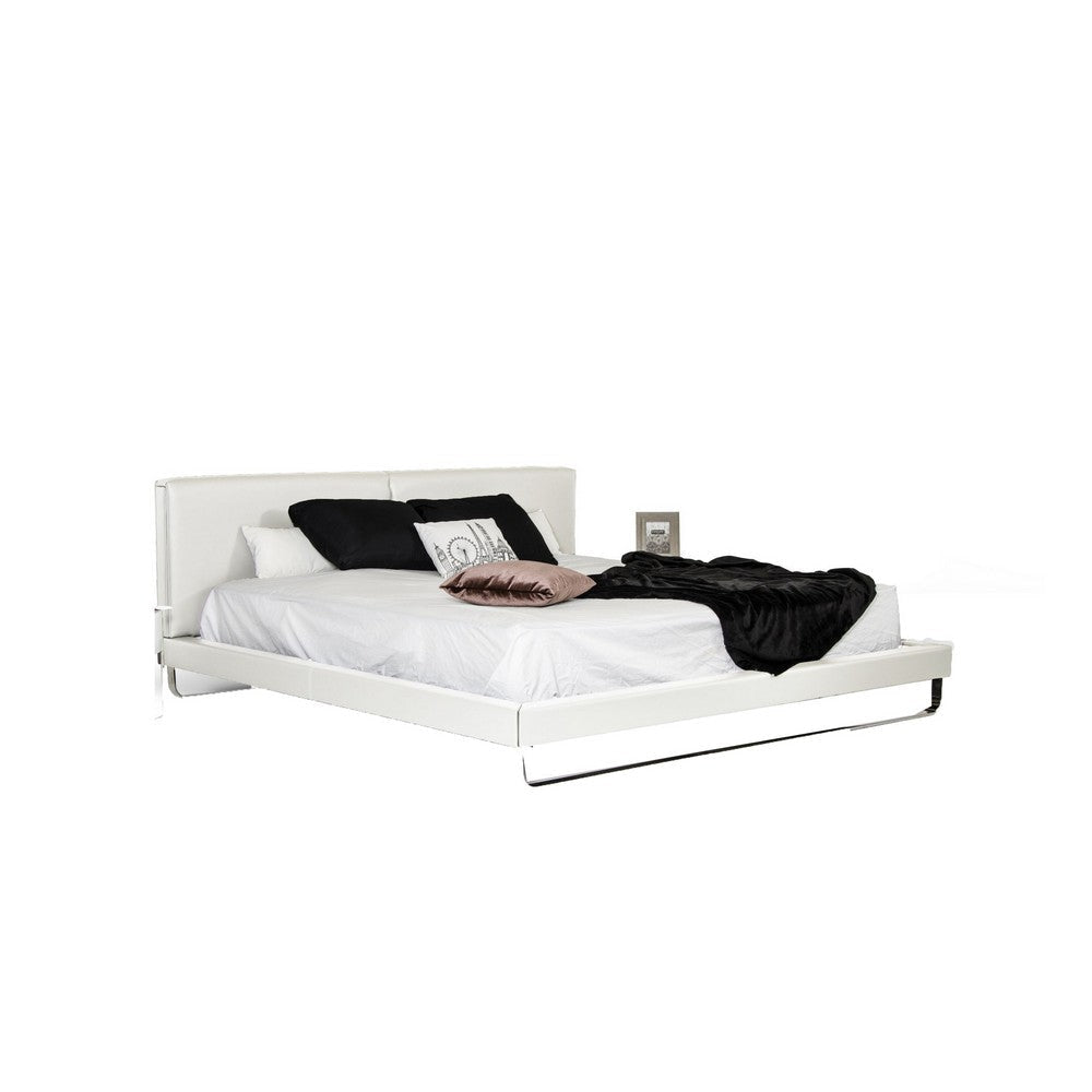 Zio King Size Platform Bed, White Faux Leather Upholstery, Chrome Metal By Casagear Home