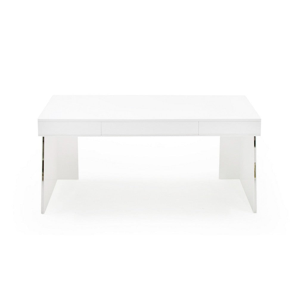 63 Inch Office Desk 3 Drawers Modern Glossy White with Steel Metal Frame By Casagear Home BM318452