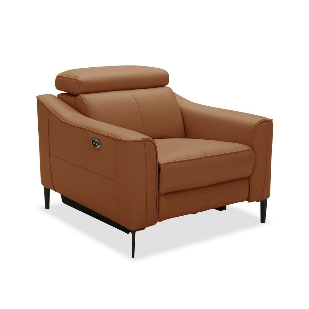 Reno Lin 37 Inch Power Recliner Chair, Brown Genuine Leather, Metal Legs By Casagear Home