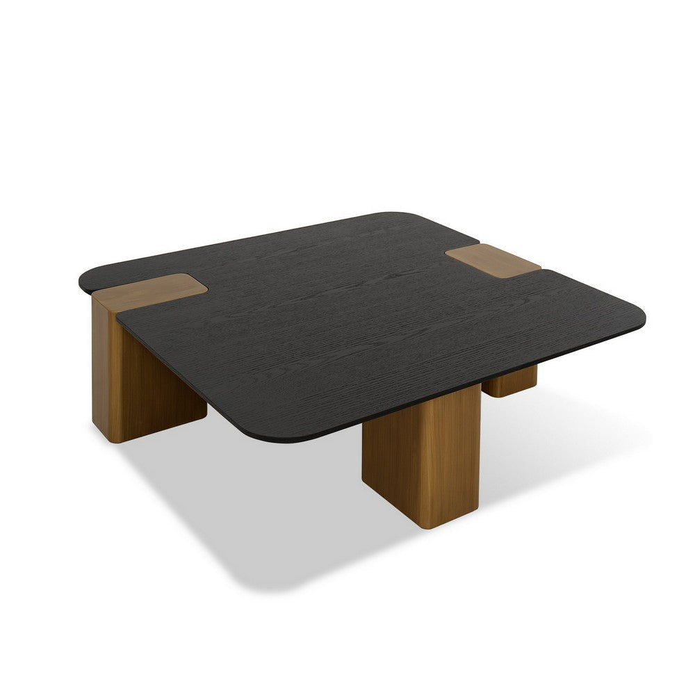 Cid Casy 39 Inch Coffee Table, Square Black Veneer, Brushed Gold Block Legs By Casagear Home