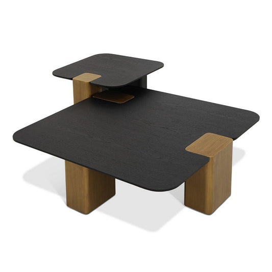 Cid Casy 2pc Coffee Table Set, Black Veneer Top, Gold Block legs By Casagear Home