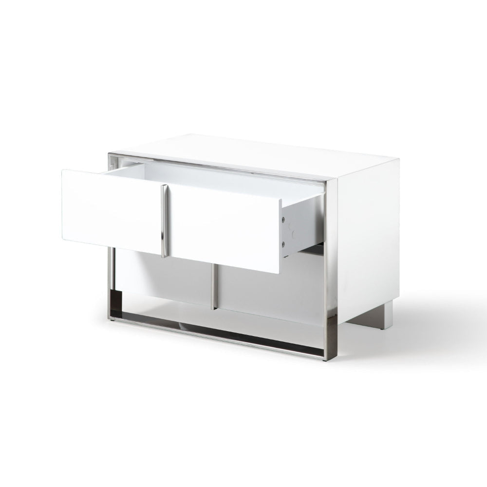 28 Inch Nightstand High Gloss White 2 Drawers Sleek Chrome Handles By Casagear Home BM318470