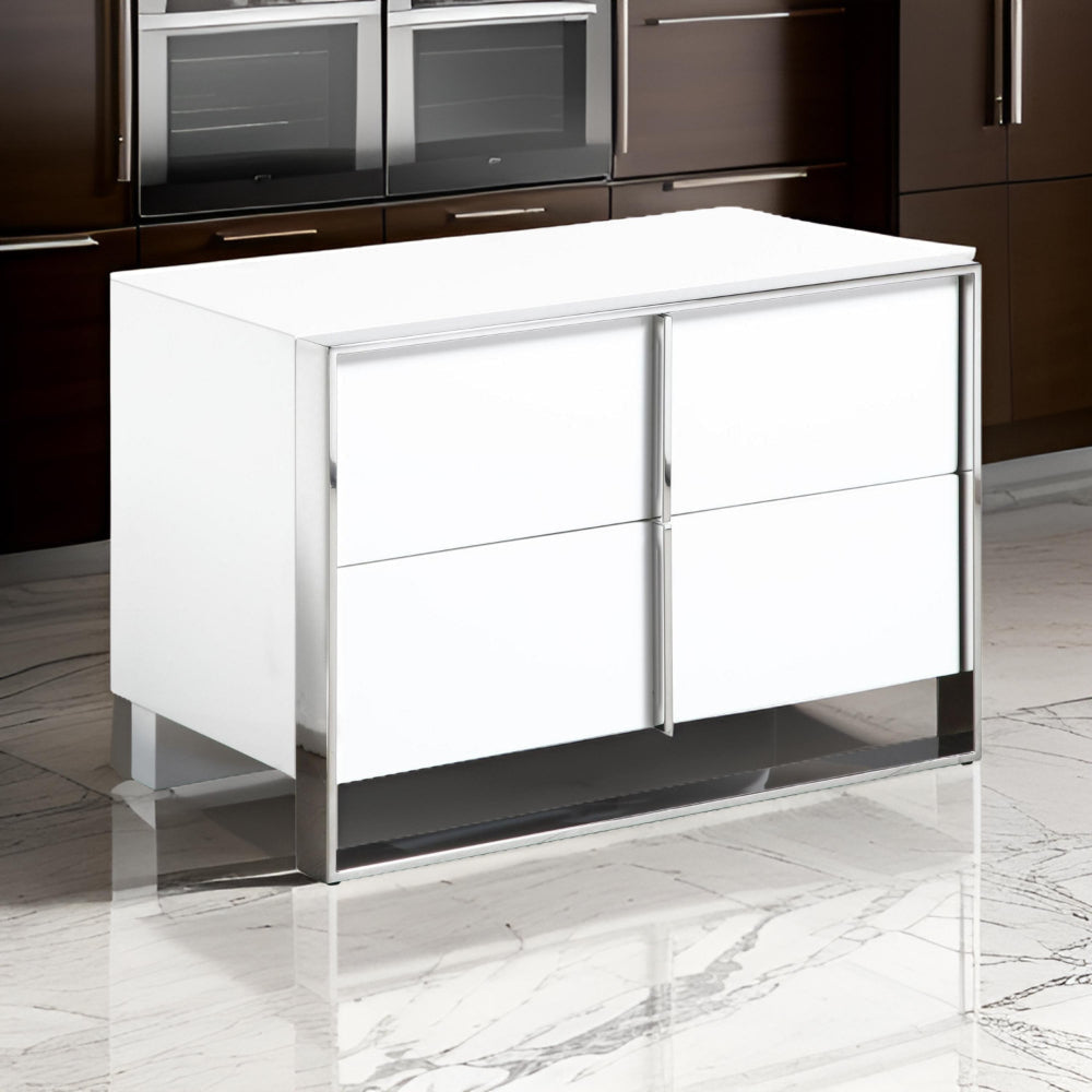 28 Inch Nightstand, High Gloss White, 2 Drawers, Sleek Chrome Handles By Casagear Home