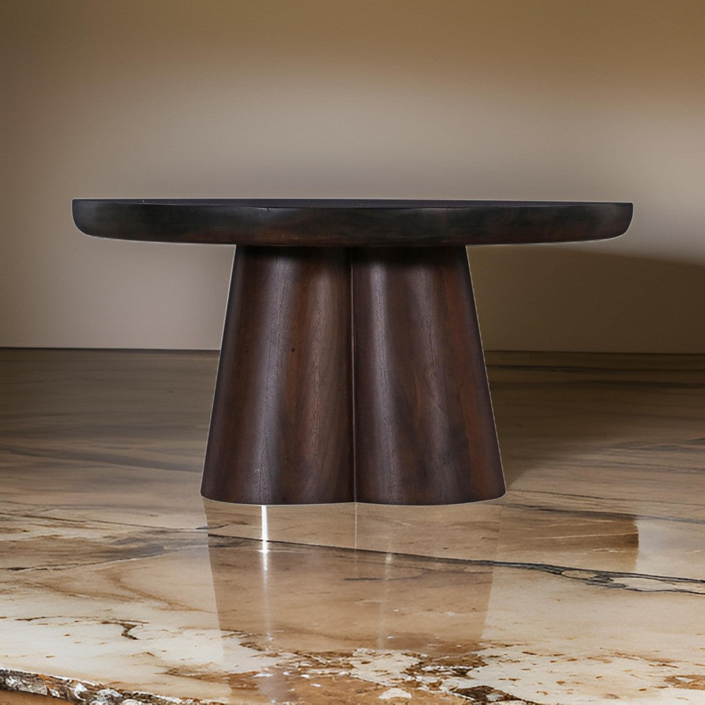 Dex Coffee Table 31 Inch Round Top Sculpture Pedestal Base Walnut Brown By Casagear Home BM318482