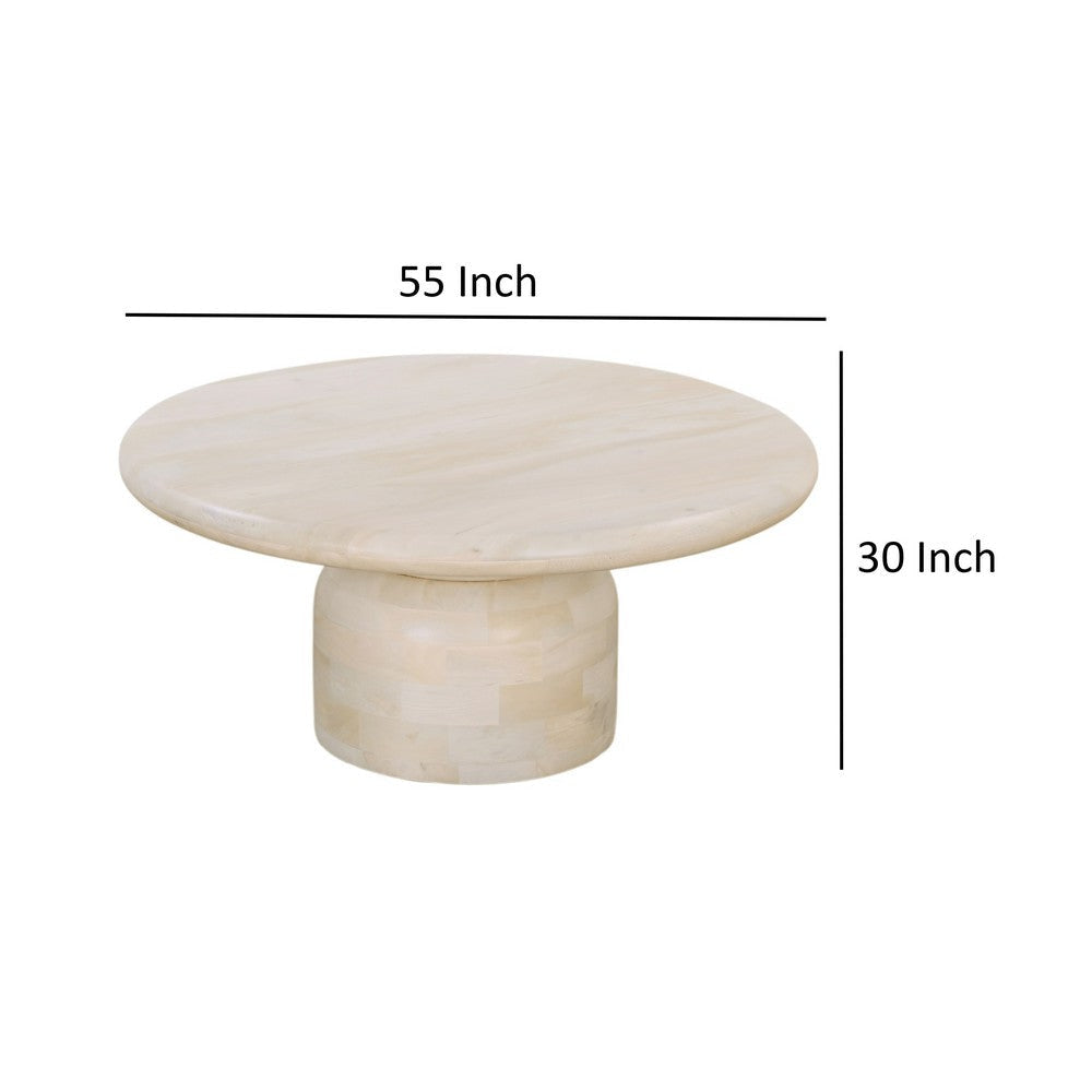 Ann Coffee Table 55 Inch Round Top Pedestal Base Oak White Mango Wood By Casagear Home BM318485