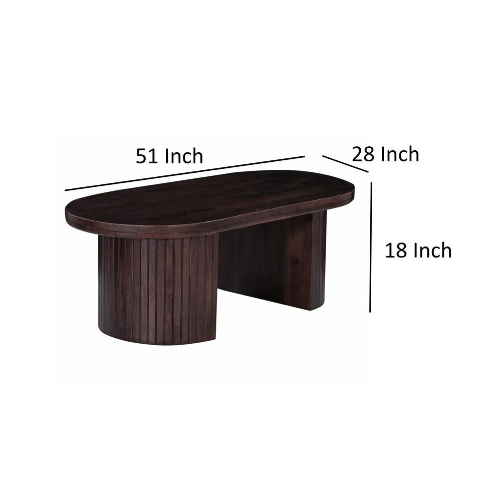 Rue Coffee Table 51 Inch Oval Top Grooved Round Panel Legs Walnut Brown By Casagear Home BM318486