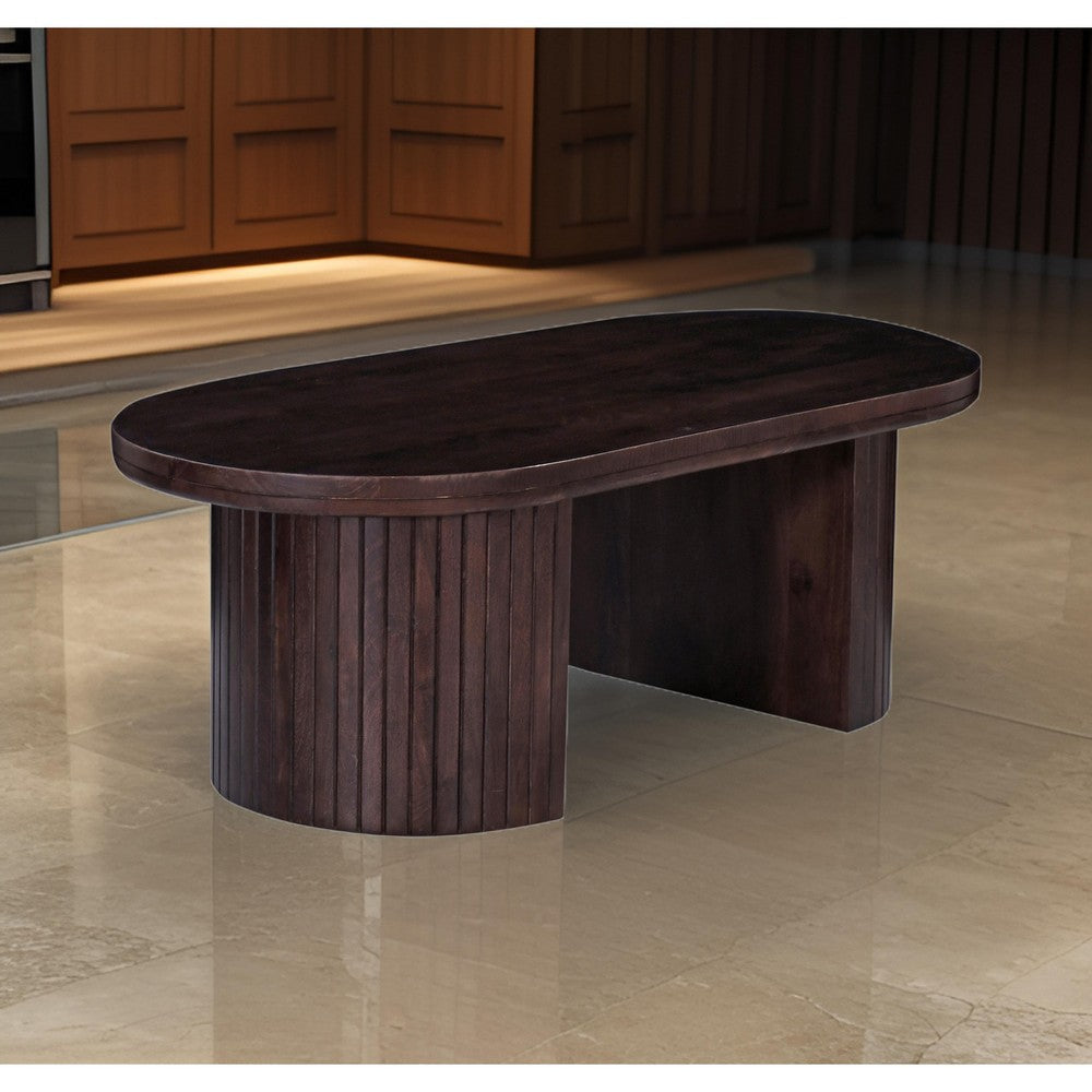 Rue Coffee Table 51 Inch Oval Top Grooved Round Panel Legs Walnut Brown By Casagear Home BM318486