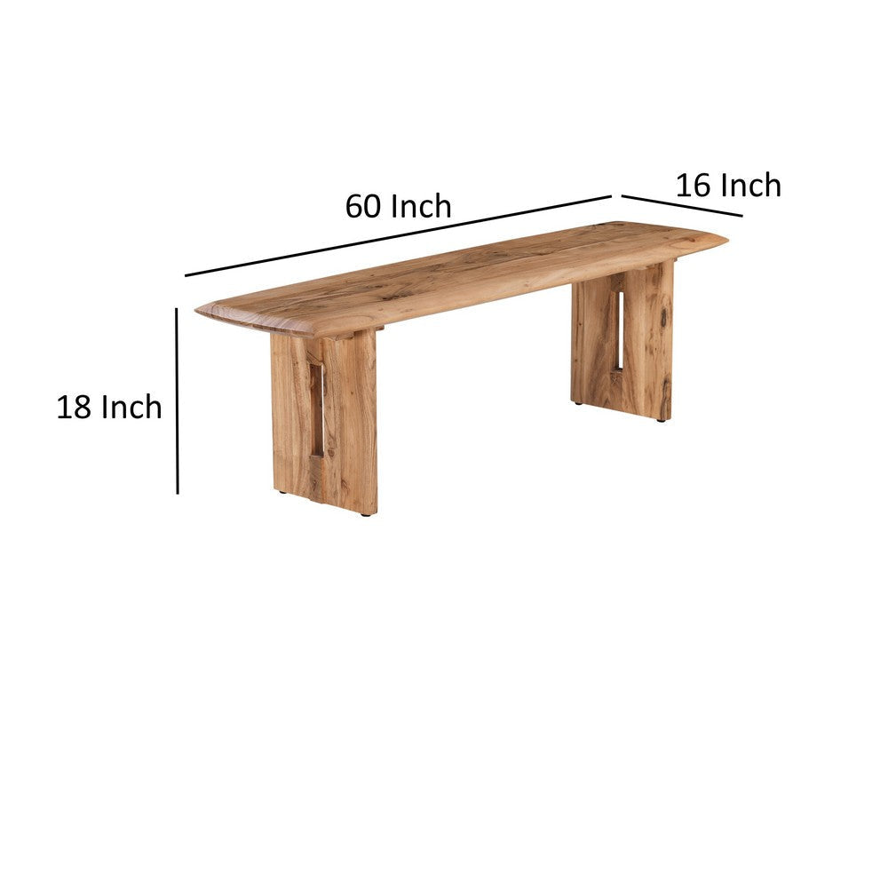 Joy 60 Inch Dining Bench Cut Out Panel Legs Natural Brown Acacia Wood By Casagear Home BM318505