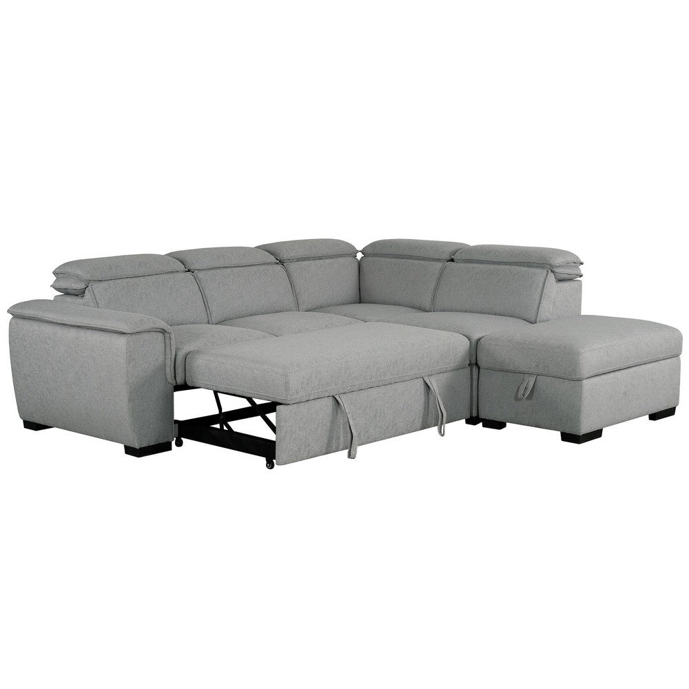 3 Piece Sectional Sofa With Storage Ottoman Pull Out Bed Gray Linen By Casagear Home BM318515