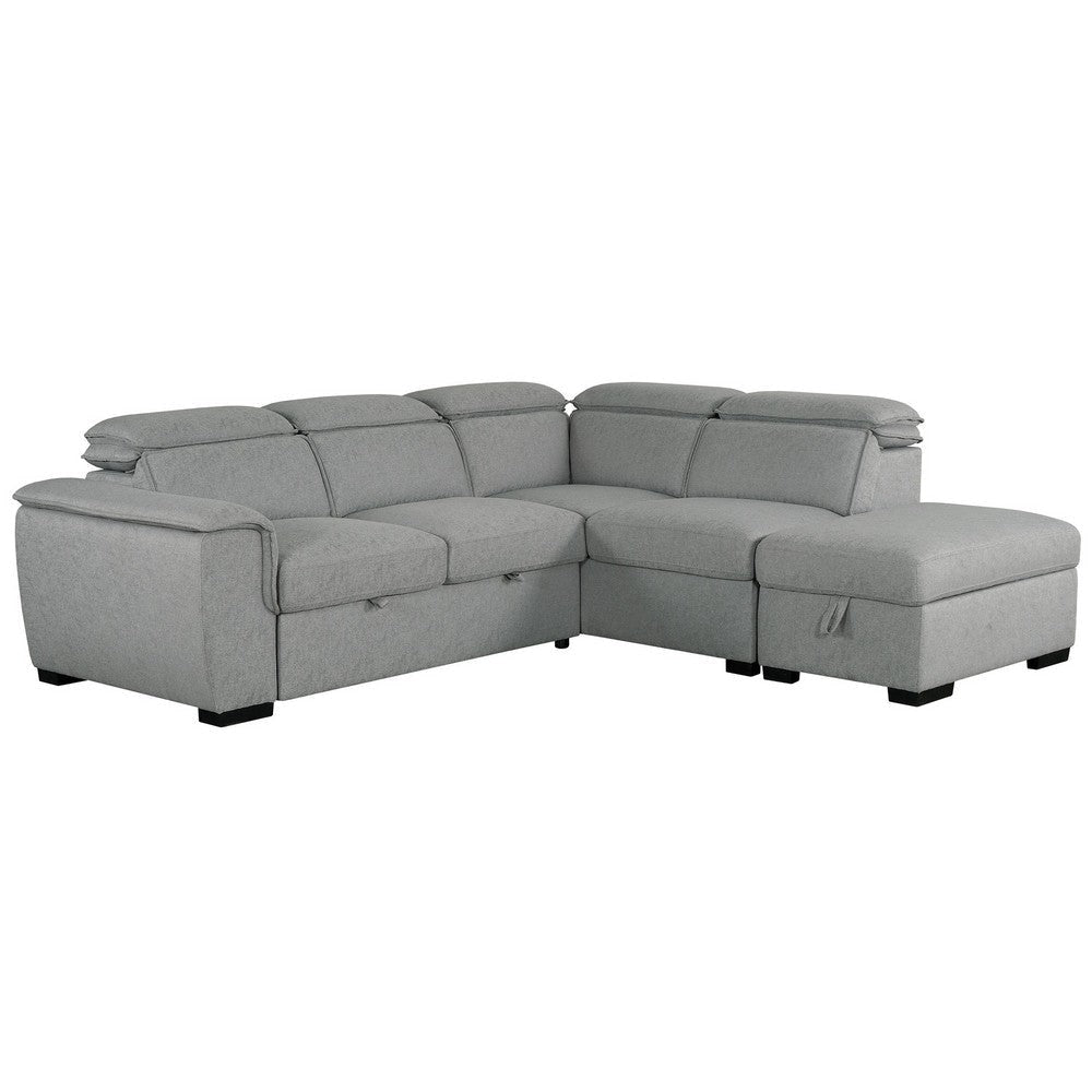 3 Piece Sectional Sofa With Storage Ottoman, Pull Out Bed, Gray Linen By Casagear Home