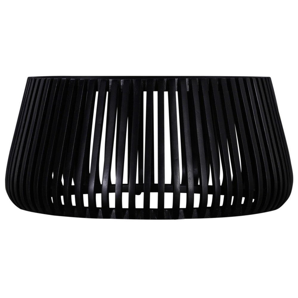 Coffee Table 31 Inch Round Top Slatted Drum Shape Black Mango Wood By Casagear Home BM318517