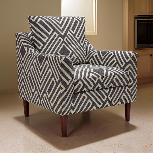 Morris Accent Chair, Gray, White Geometric Pattern, Polyester, Brown Wood By Casagear Home