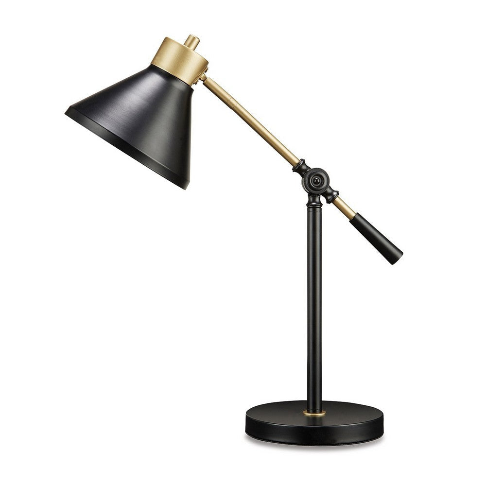 Steven 19 Inch Desk Lamp, Adjustable Height and Direction, Black Gold Metal By Casagear Home