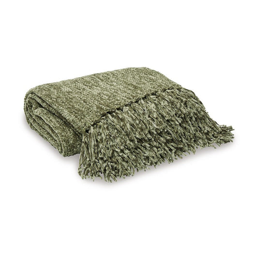 Emily Throw Blanket Set of 3, Textured Woven Knotted Fringe Green Polyester By Casagear Home