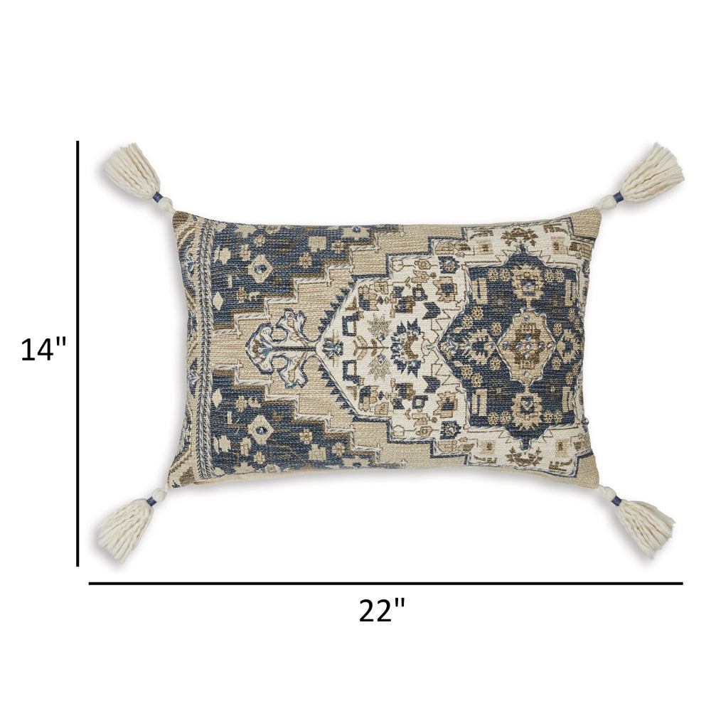 Zony 14 x 22 Lumbar Accent Pillow Set of 4 Boho Tassels Medallion Ivory By Casagear Home BM318582