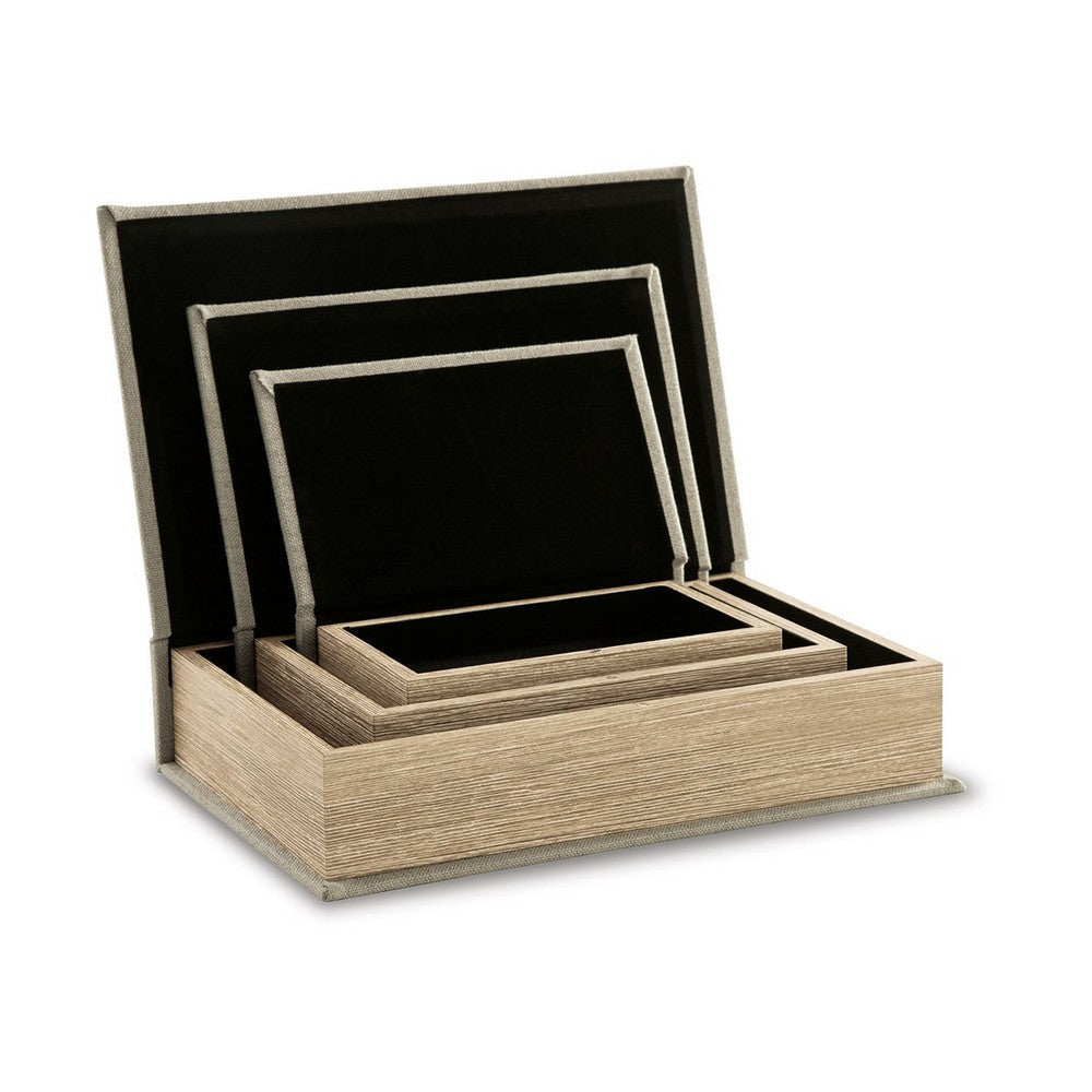 Jolly Decor Storage Book Box Set of 3 Beige Linen Black Velvet Lining By Casagear Home BM318596