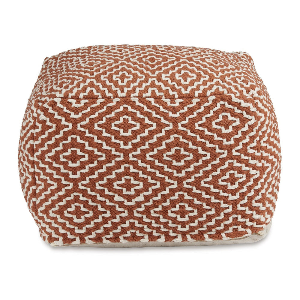 Sena 22 Inch Ottoman Pouf Handwoven Pattern Zipper Cotton Cover Red White By Casagear Home BM318611