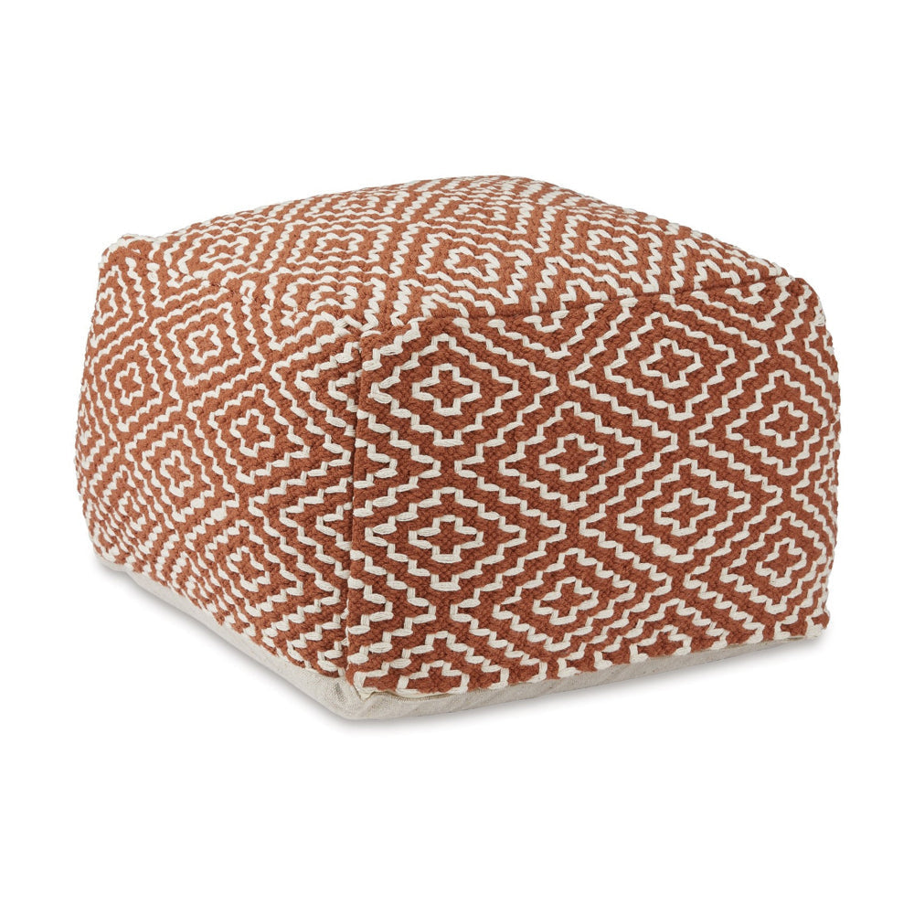 Sena 22 Inch Ottoman Pouf Handwoven Pattern Zipper Cotton Cover Red White By Casagear Home BM318611