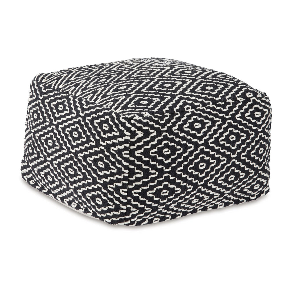 Sena 22 Inch Ottoman Pouf Handwoven Pattern Cotton Cover Black White By Casagear Home BM318612