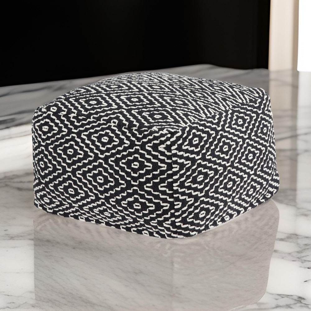 Sena 22 Inch Ottoman Pouf, Handwoven Pattern, Cotton Cover, Black White By Casagear Home