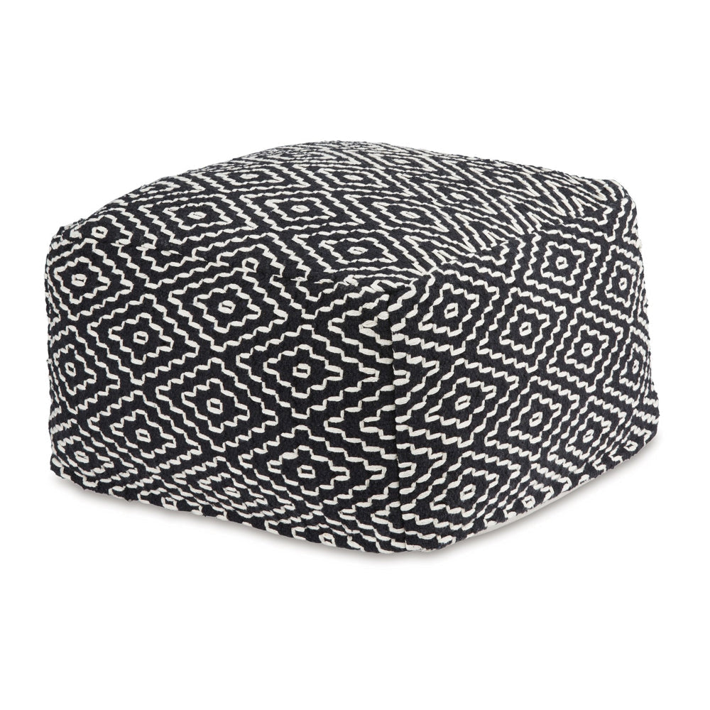 Sena 22 Inch Ottoman Pouf Handwoven Pattern Cotton Cover Black White By Casagear Home BM318612