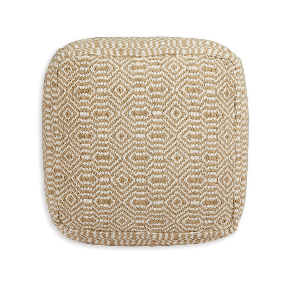 Sena 22 Inch Ottoman Pouf Handwoven Pattern Cotton Cover Beige White By Casagear Home BM318613