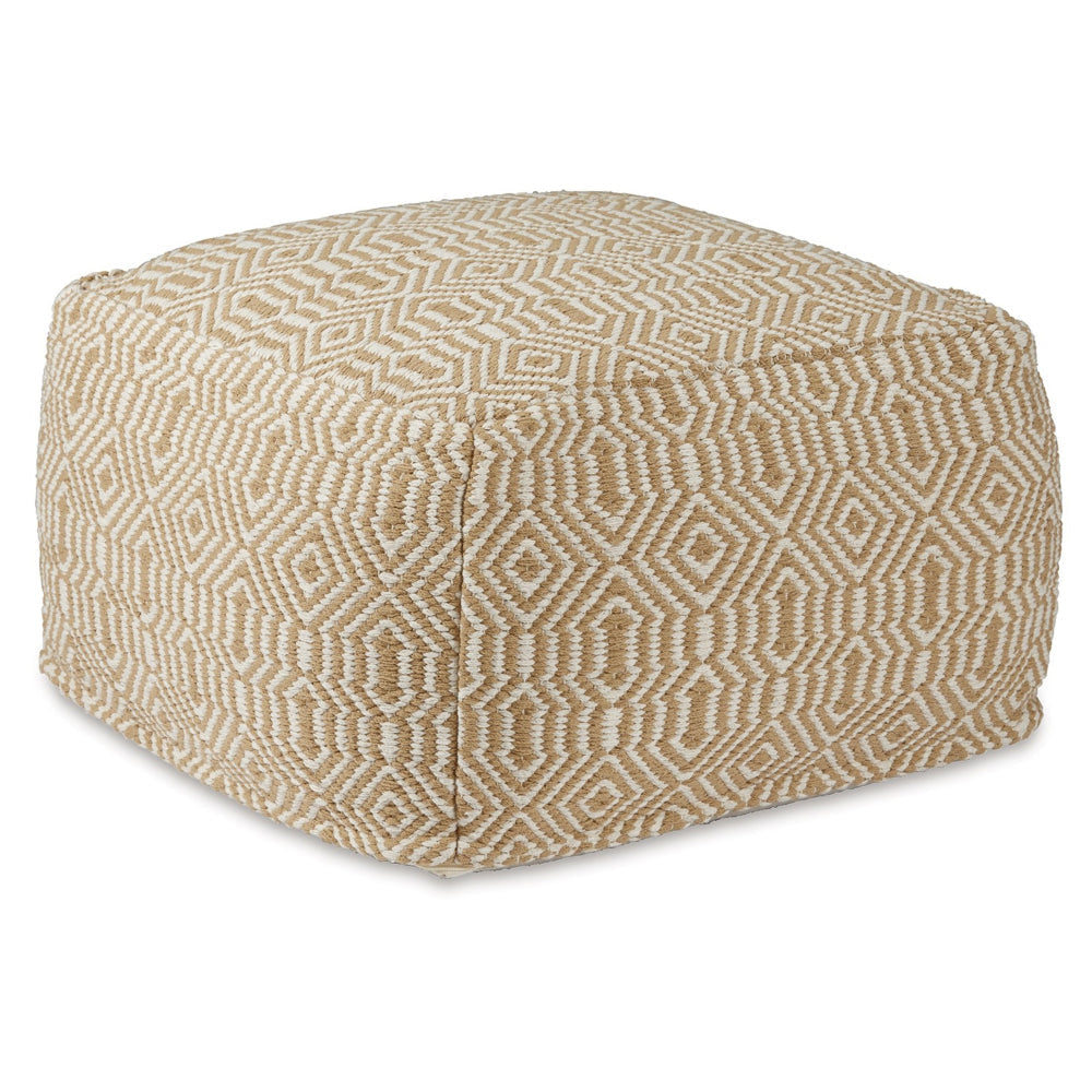 Sena 22 Inch Ottoman Pouf Handwoven Pattern Cotton Cover Beige White By Casagear Home BM318613