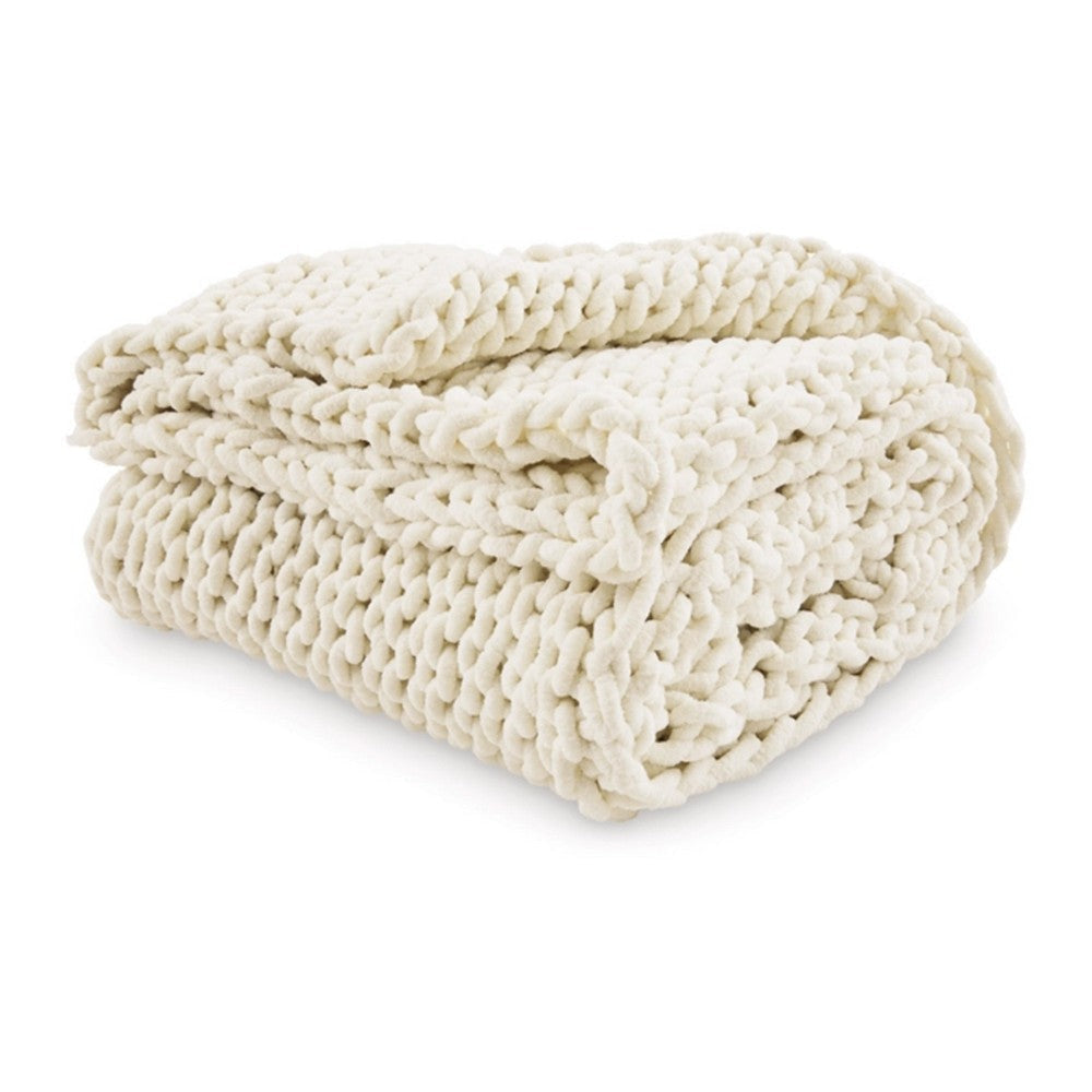 Deme Throw Blanket Set of 3 Hand Knitted Soft Chunky Chenille Ivory White By Casagear Home BM318614