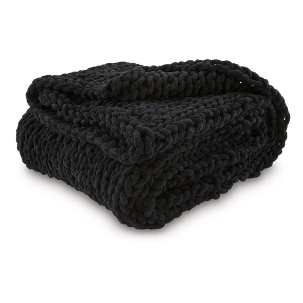 Deon Throw Blanket Set of 3 Hand Knitted Soft Chenille Black Finish By Casagear Home BM318615