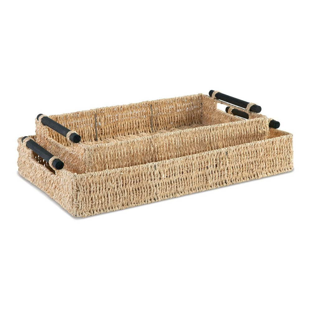 Lima Decorative Nesting Tray Set of 2 Handles Brown Palm Leaf Woven By Casagear Home BM318629