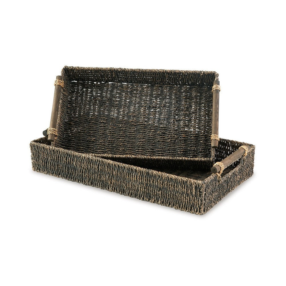 Lima Decorative Nesting Tray Set of 2 Cutout Handles Gray Seagrass Woven By Casagear Home BM318630