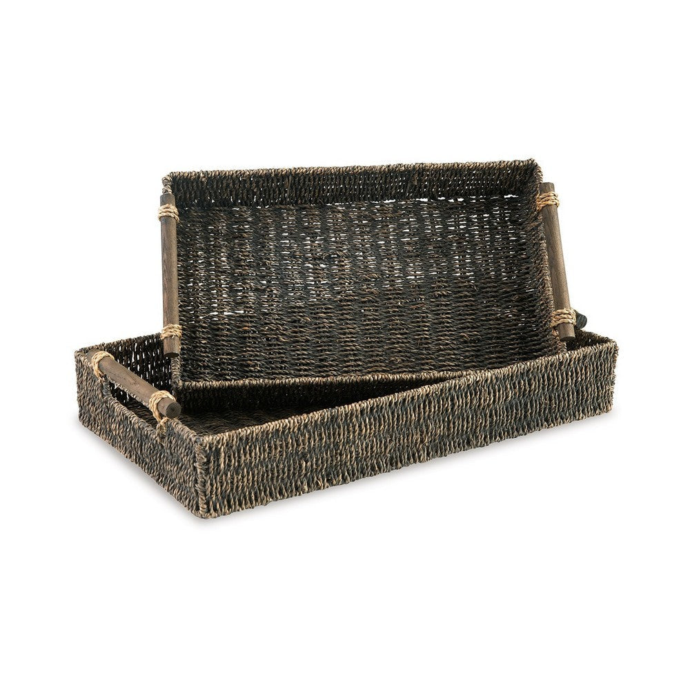 Lima Decorative Nesting Tray Set of 2, Cutout Handles, Gray Seagrass Woven By Casagear Home