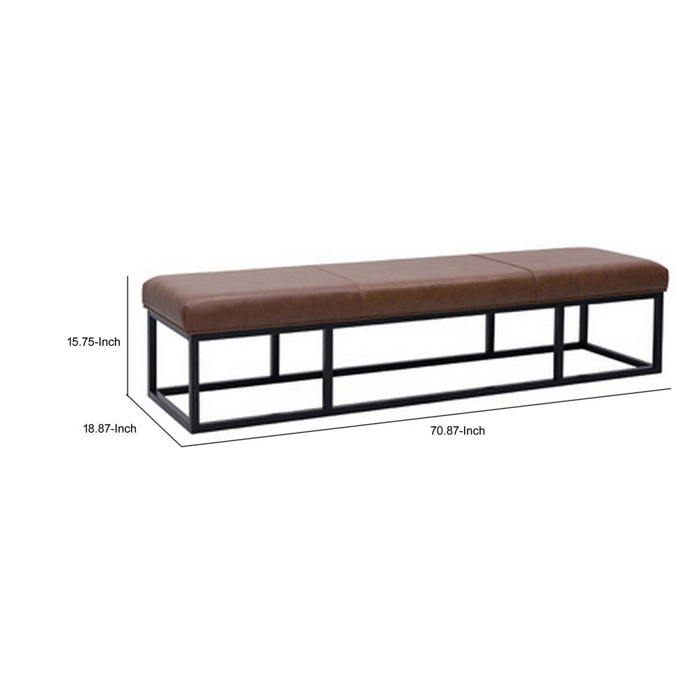 Accent Bench 71 Inch Black Metal Brown Genuine Leather Cushioned Seat By Casagear Home BM318657