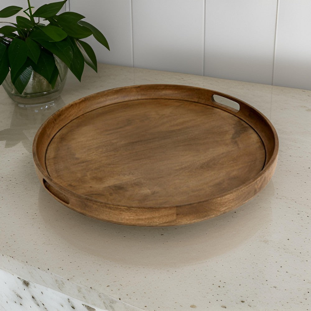 Bera Serving Tray 24 Inch Round 2 Handles Industrial Brown Gray Finish By Casagear Home BM318692