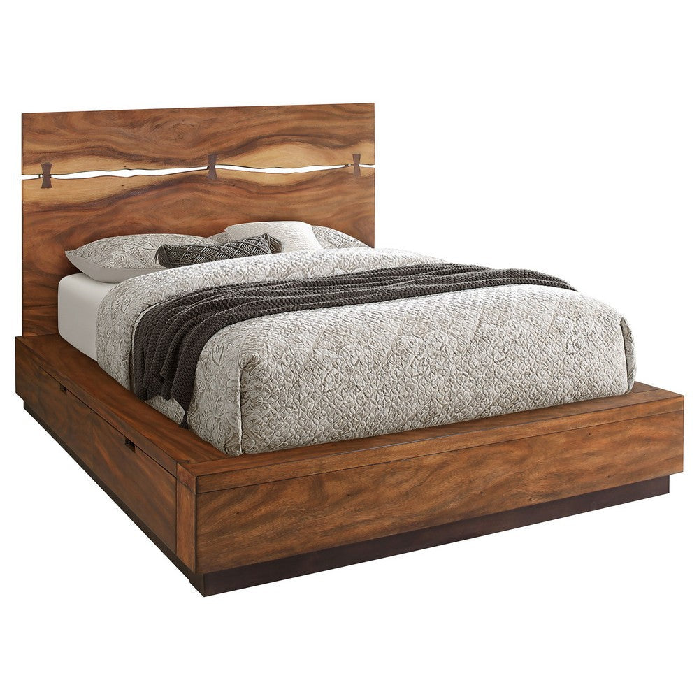 Zeko King Size Storage Bed Live Edge Panel Headboard Walnut Brown Wood By Casagear Home BM318725