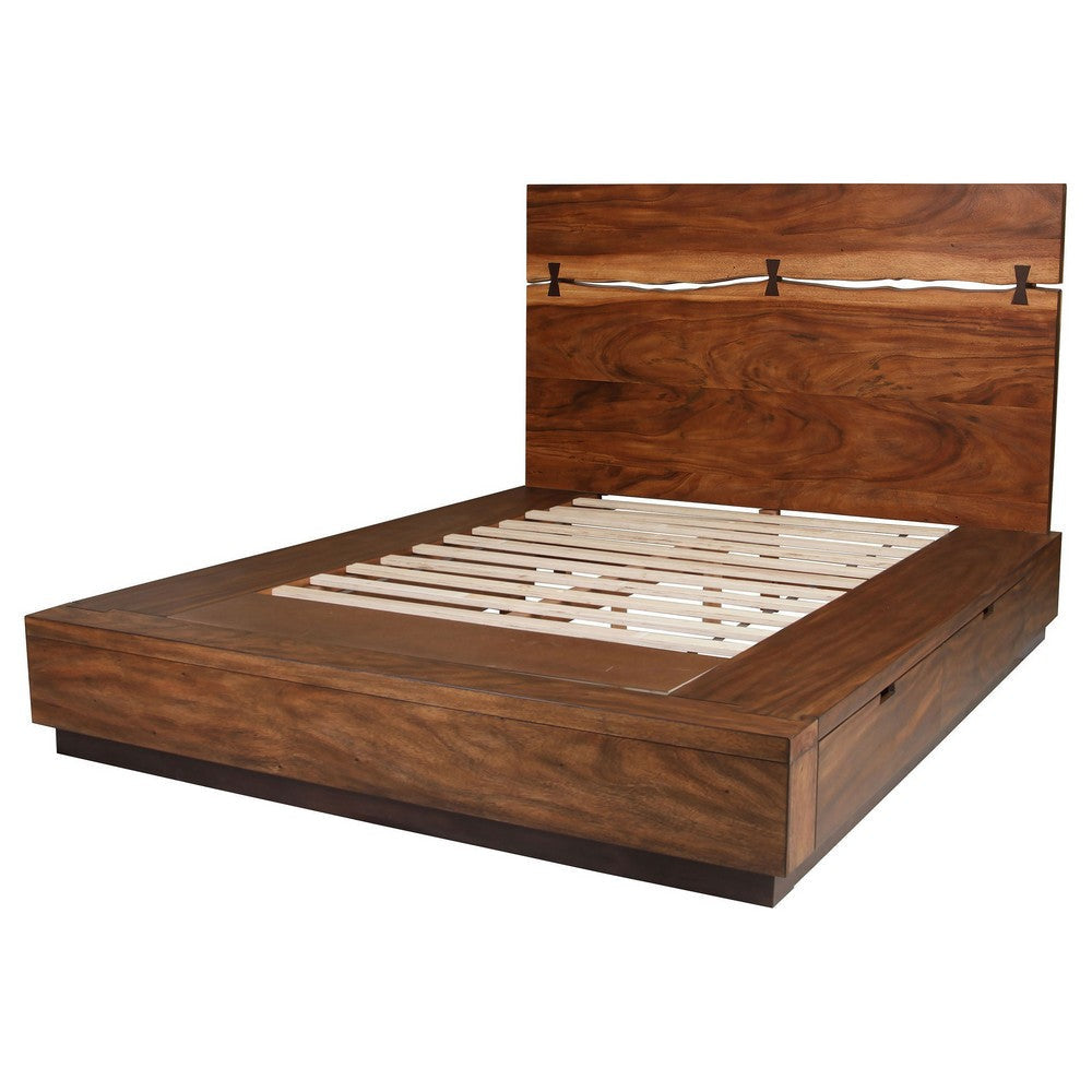 Zeko King Size Storage Bed Live Edge Panel Headboard Walnut Brown Wood By Casagear Home BM318725