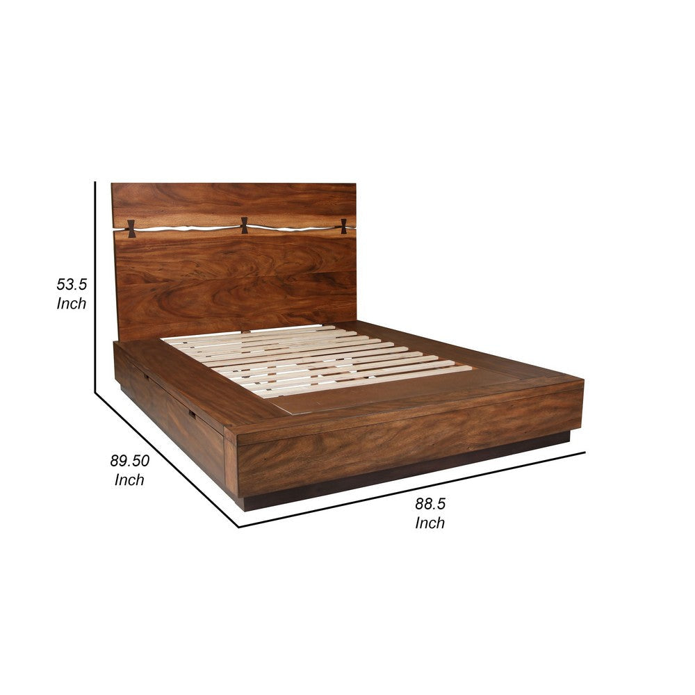 Zeko King Size Storage Bed Live Edge Panel Headboard Walnut Brown Wood By Casagear Home BM318725