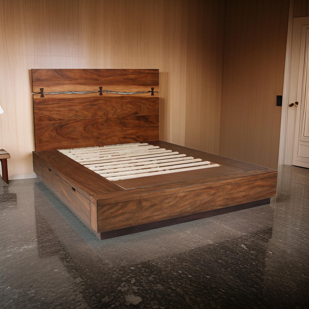 Zeko King Size Storage Bed Live Edge Panel Headboard Walnut Brown Wood By Casagear Home BM318725