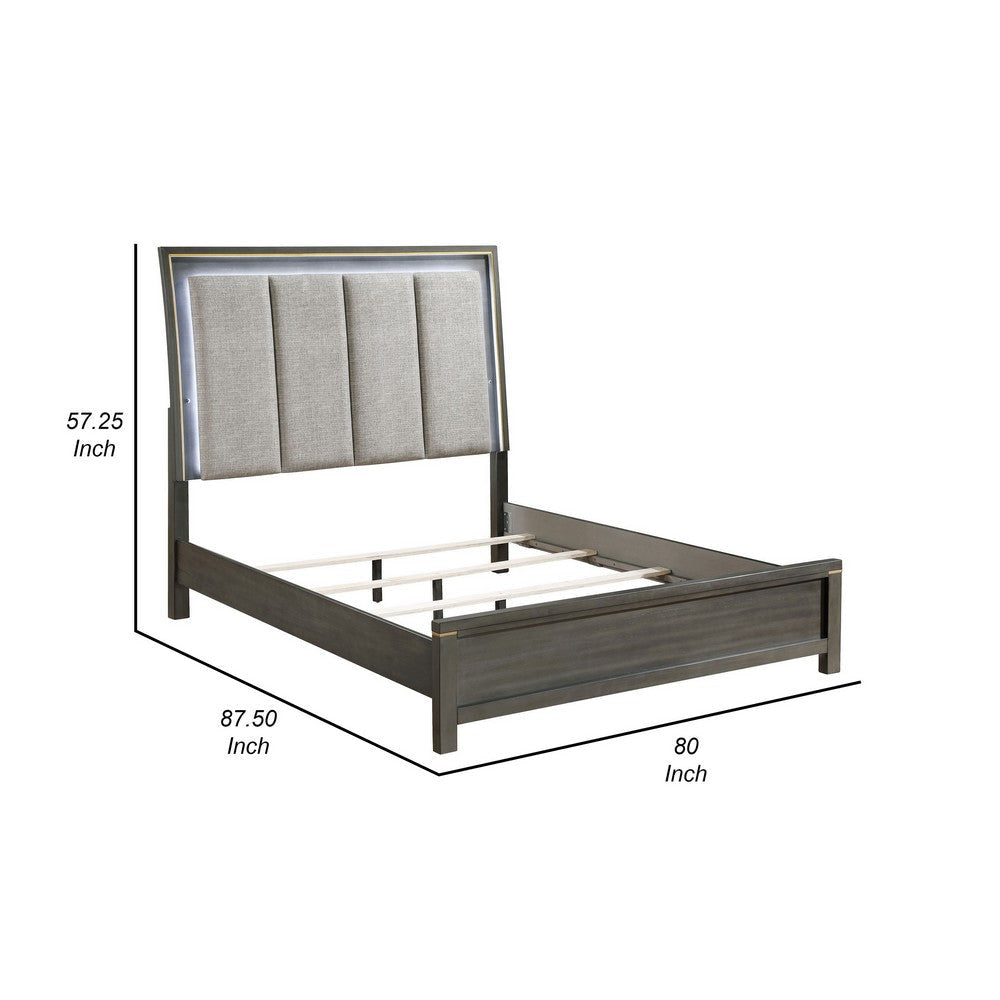 Ren King Size Bed Channel Tufted LED Panel Headboard Gray Upholstery By Casagear Home BM318744