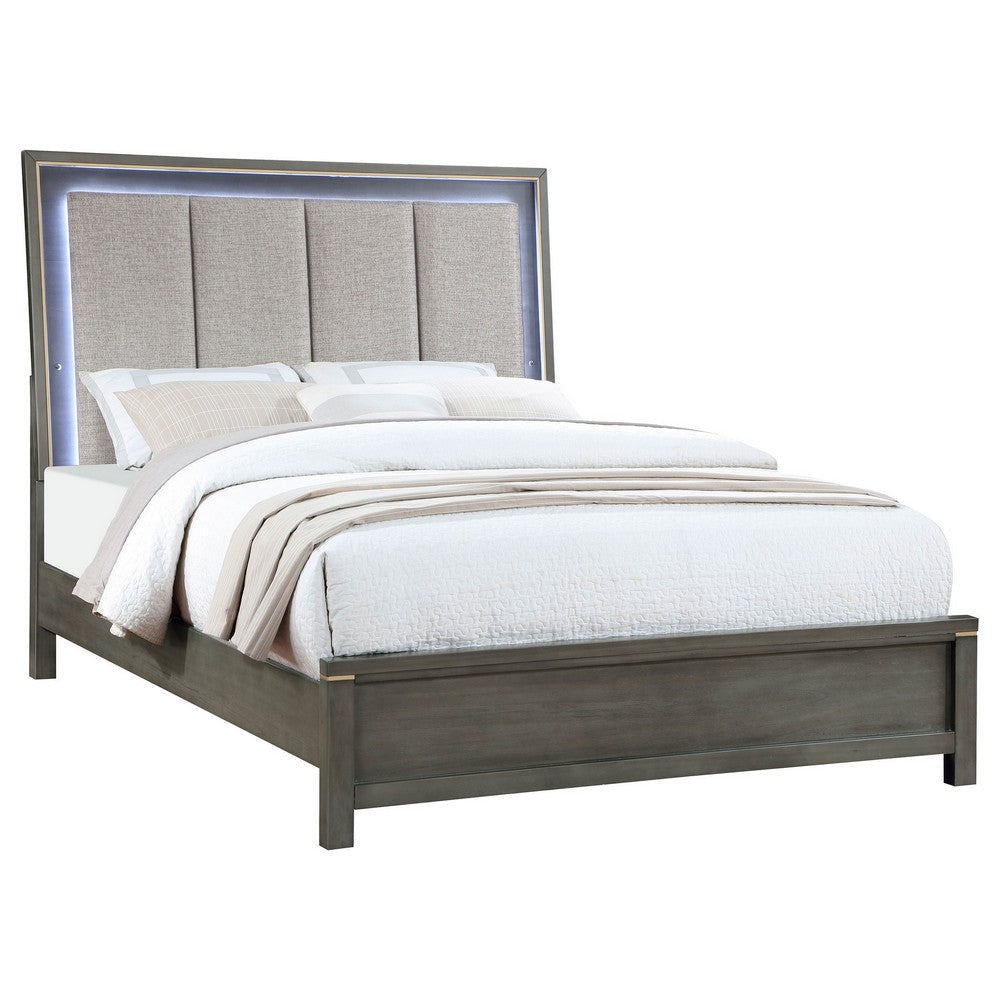 Ren California King Size Bed LED Panel Headboard Tufted Gray Upholstery By Casagear Home BM318745