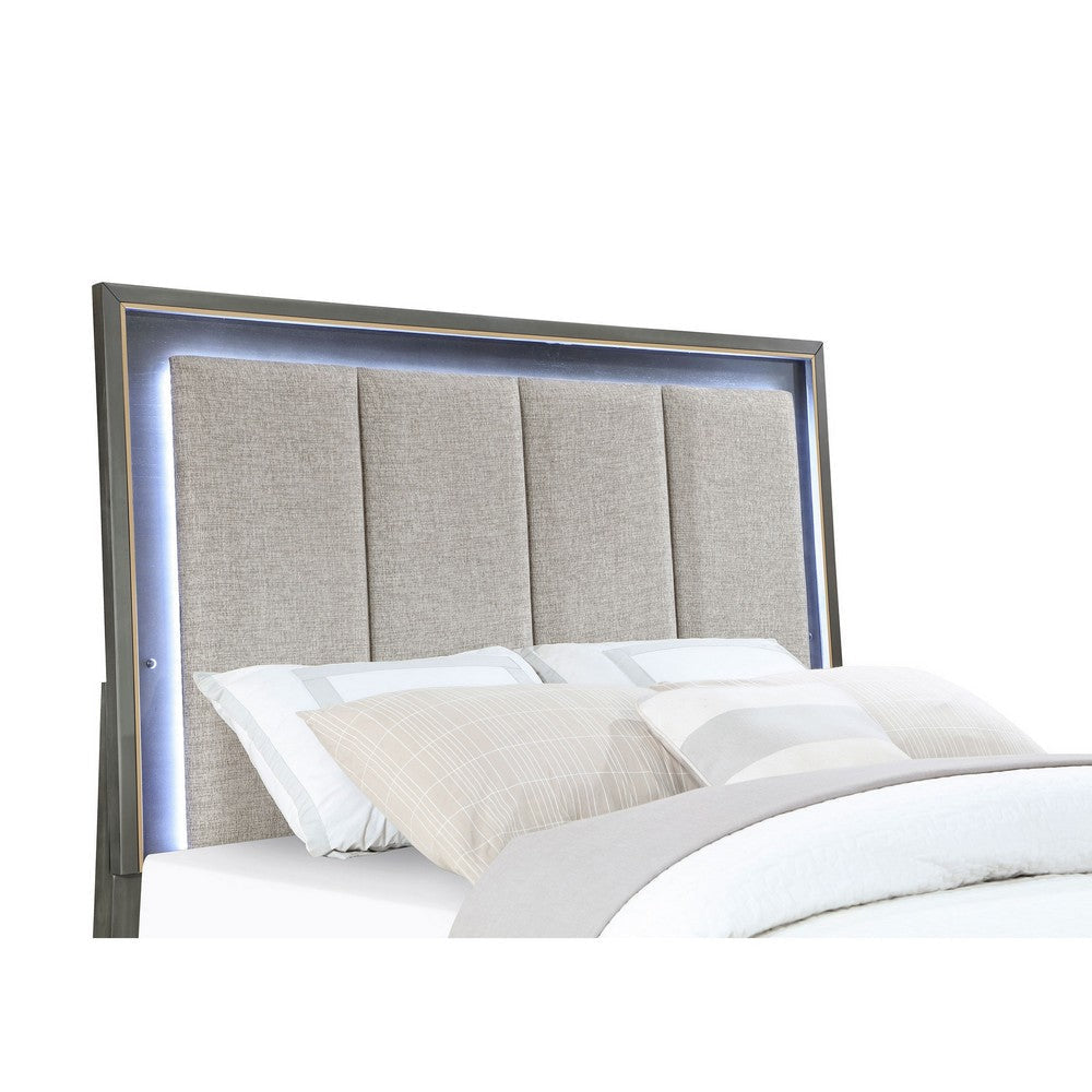 Ren California King Size Bed LED Panel Headboard Tufted Gray Upholstery By Casagear Home BM318745