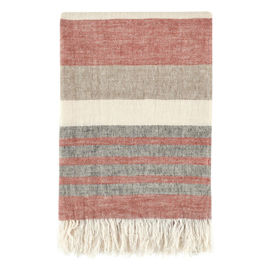 Diu Throw Blanket, Belgian Flax Linen, Red Brown Ivory Striped Design By Casagear Home