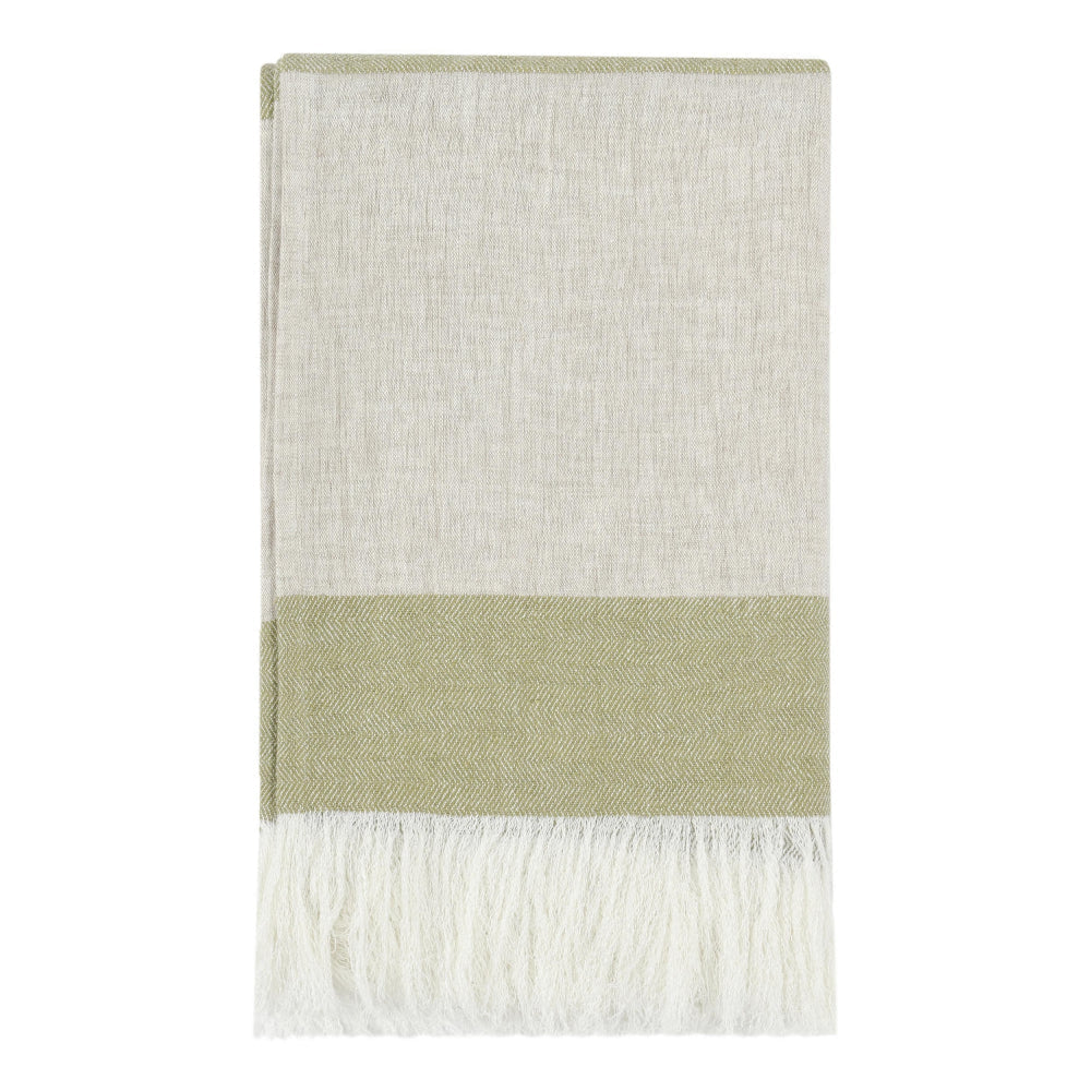 Throw Blanket, Knotted Fringe, Wide Stripe, Green Ivory Belgian Flax Linen By Casagear Home