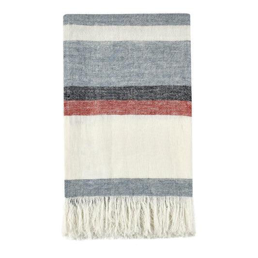 Throw Blanket, Fringe, Striped Blue Red Ivory Design, Belgian Flax Linen By Casagear Home