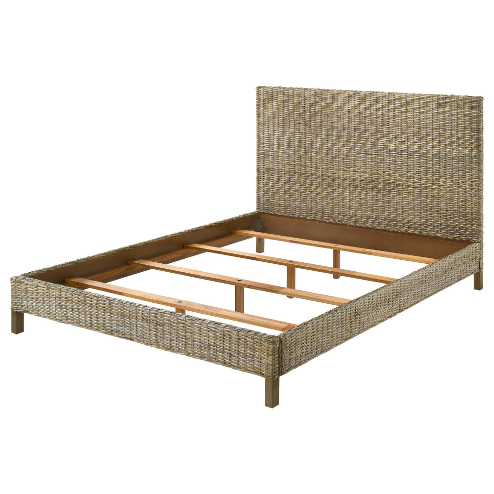 Ayla King Size Bed Rattan Woven Design Panel Headboard Gray Mahogany By Casagear Home BM318827