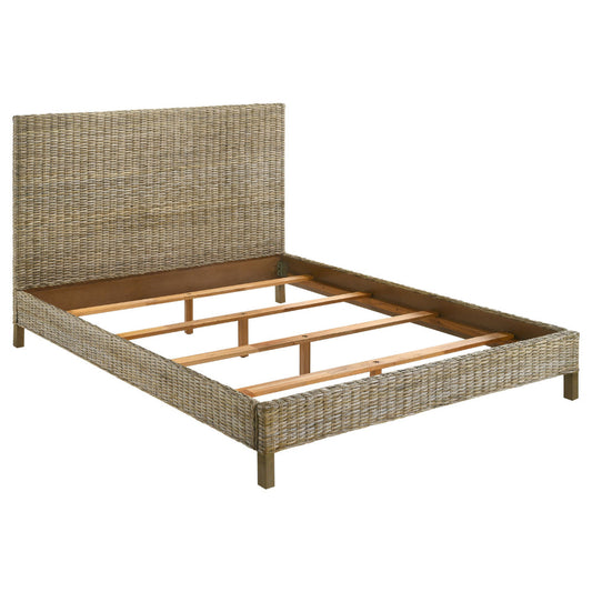 Ayla California King Size Bed, Rattan Woven, Panel Headboard, Gray Mahogany By Casagear Home