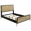 Fij Queen Size Bed, Natural Rattan Woven Panel Headboard, Gold Legs, Black By Casagear Home