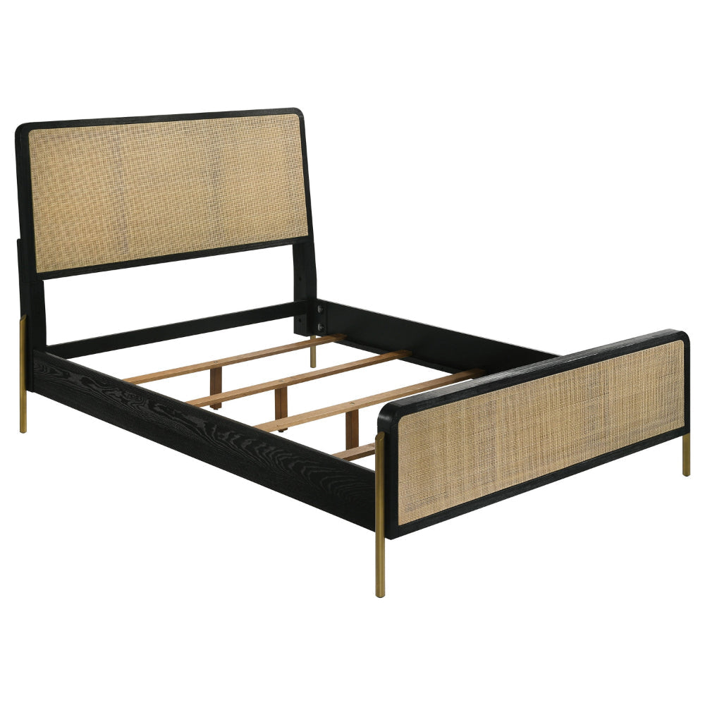 Fij King Size Bed, Natural Rattan Woven Panel Headboard, Gold Legs, Black By Casagear Home