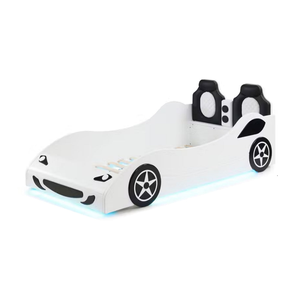 Ruis Kids Car Twin Bed Tufted Faux Leather Upholstery LED White Black By Casagear Home BM318834