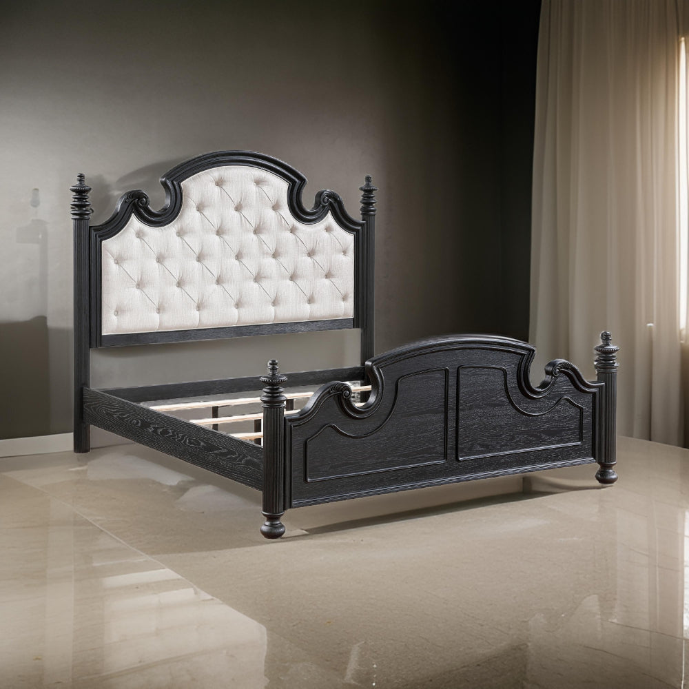 Selena Queen Size Poster Bed Classical White Tufted Upholstery Black By Casagear Home BM318841